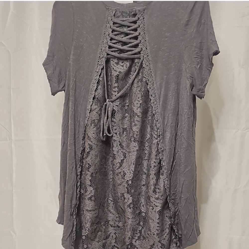 Knox Rose Gray Lace Tie back Short Sleeve Shirt Women’s L EUC - Picture 3 of 9